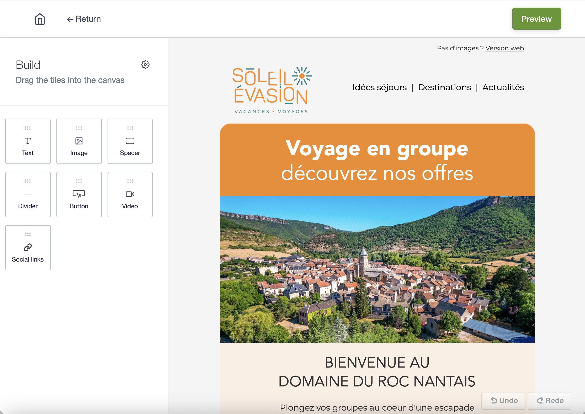 Aperçu de la plateforme emailing PixelPerfect : éditeur d'email en glisser-déposer et prévisualisation d'une campagne Soleil Évasion
